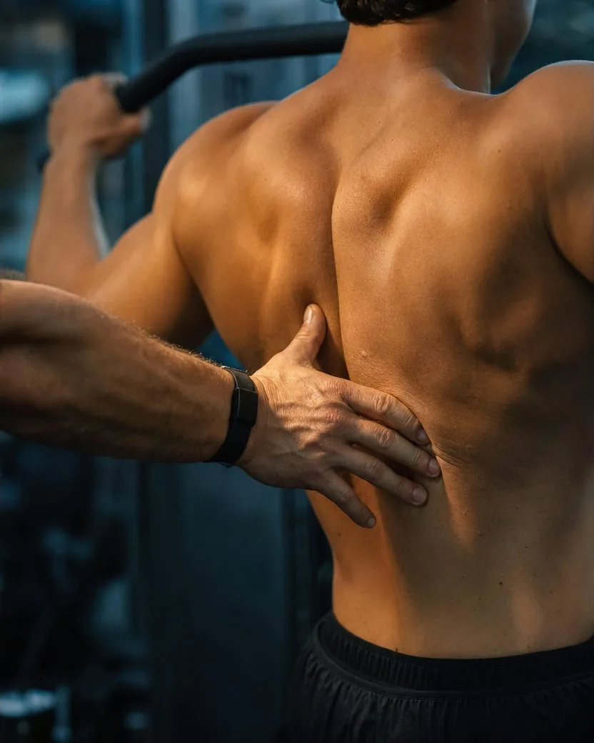 Coach’s hand pressing into an athlete’s lat during a pulldown to cue muscle engagement