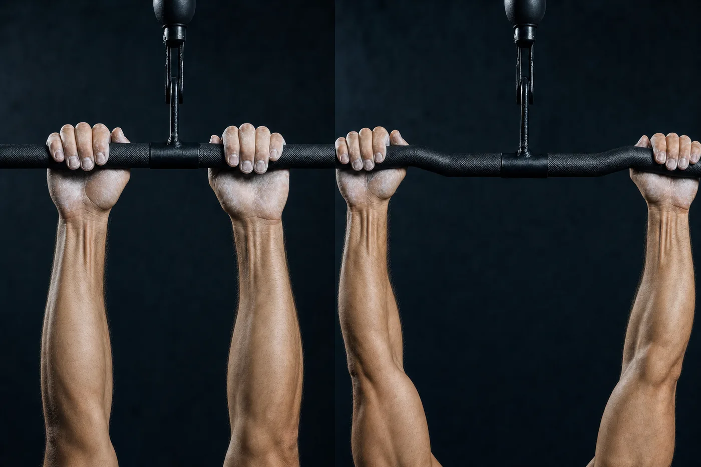Close-up comparison of narrow grip versus wide grip on a pulldown bar