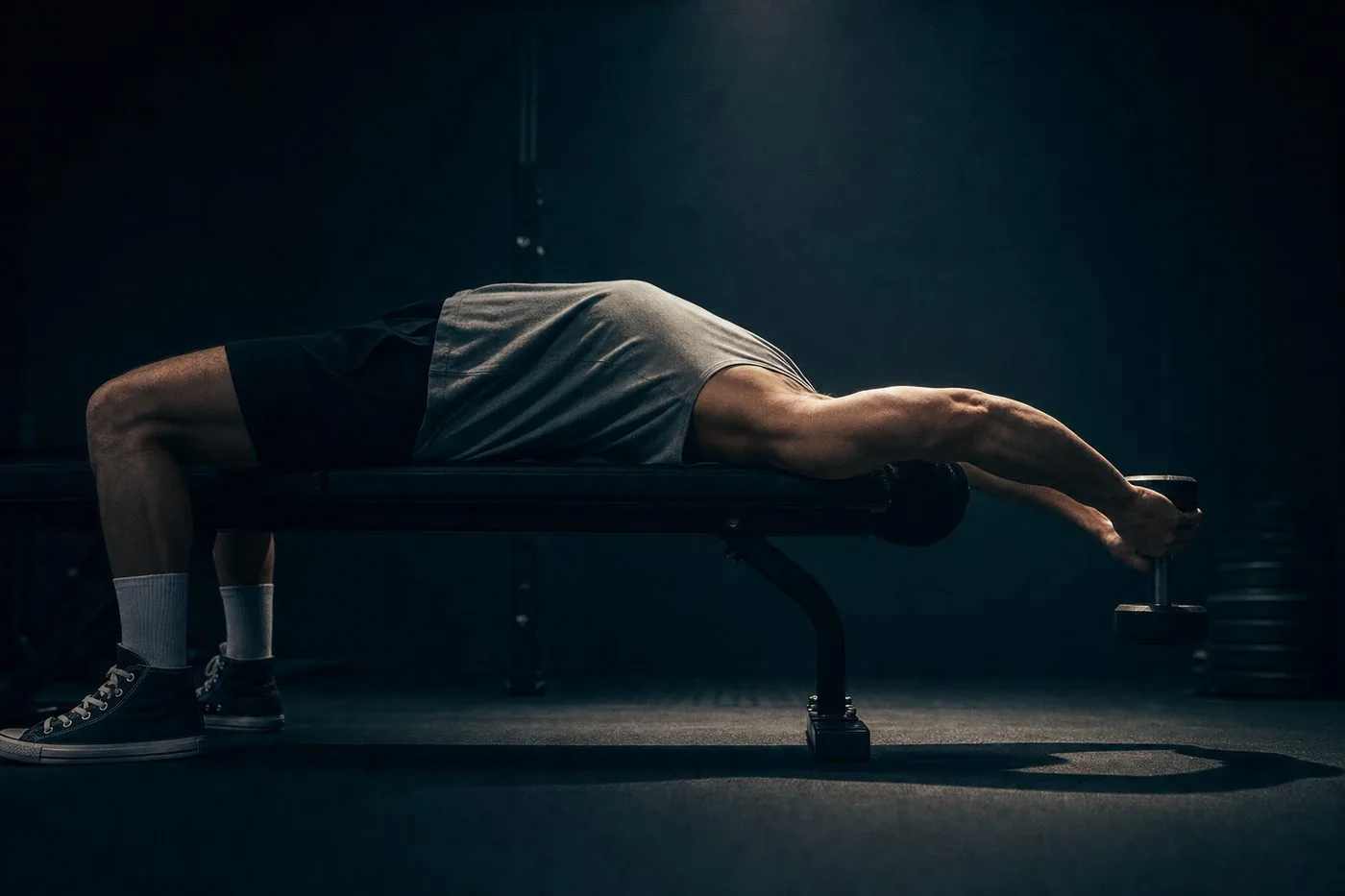 Athlete performing a straight-arm dumbbell pullover on a flat bench