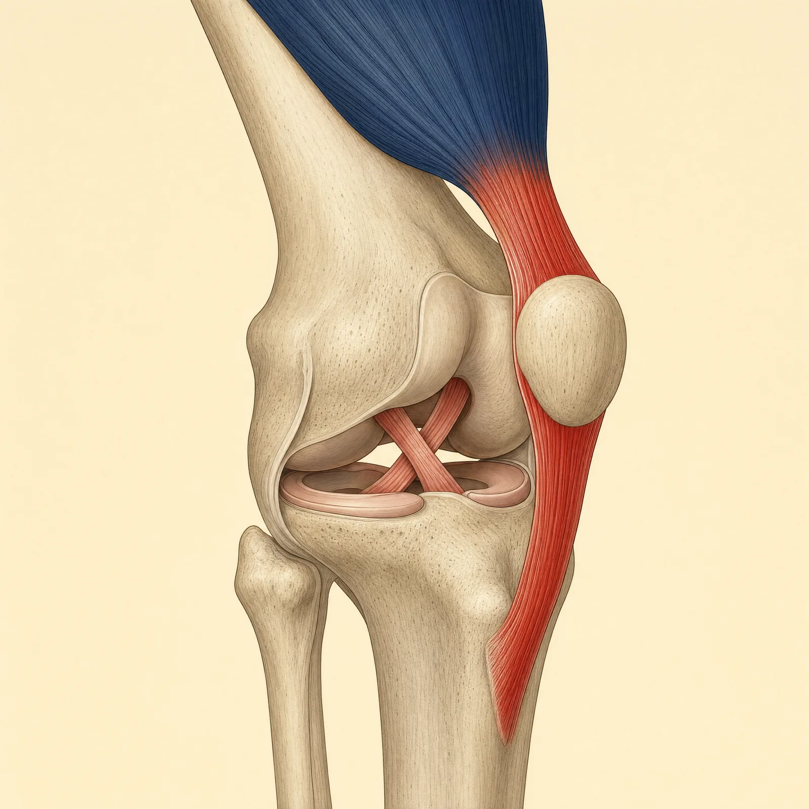 Editorial cross-section illustration of a knee joint, muscle in navy and tendon and connective tissue in red, bone in pale neutral tone