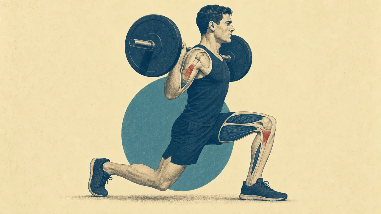 Editorial illustration of a lifter mid-lunge under a barbell, with an anatomical cutaway on the arm and knee showing muscle in navy and tendon in red