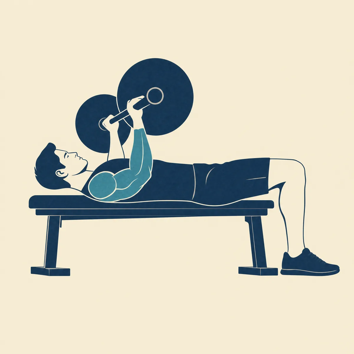 Editorial illustration of a person holding a paused isometric barbell bench press at the mid-point of the movement